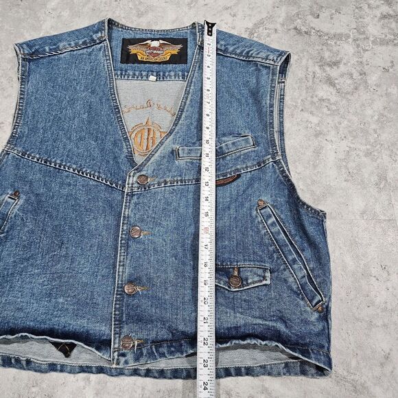 Vintage Harley Davidson cotton Jean Vest Logo Buttons Embroidered Logo Back Sz L - Picture 6 of 7
